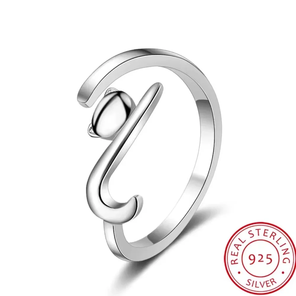 925 Sterling Silver Sticky Cat With Long Tail Finger Ring. Adjustable Ring